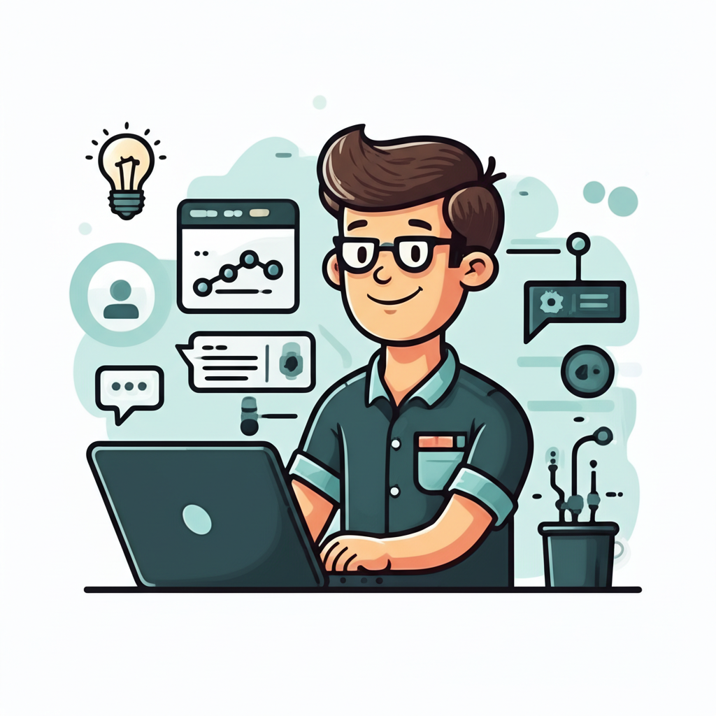 Cartoon illustration of Denzel Teow, Founder of Delphium Labs